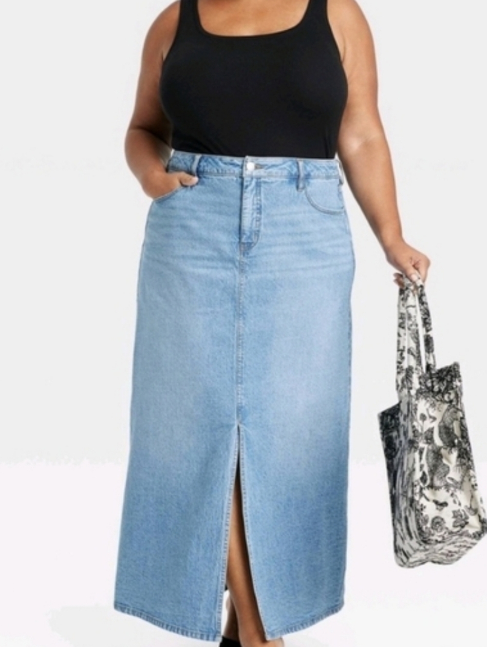 Light Wash Denim Maxi Skirt with Front Slit
